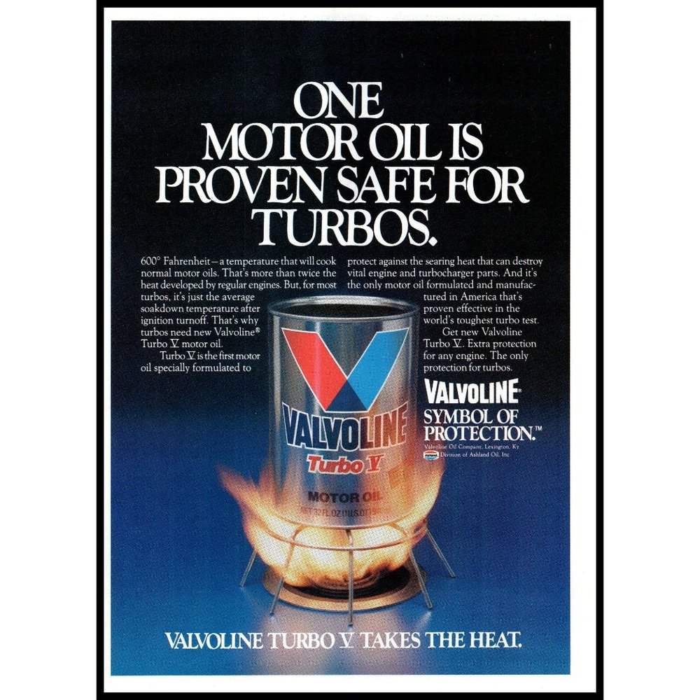 1984 Valvoline Turbo V Motor Oil Vintage Print Ad Can Stove Burner Flame Photo